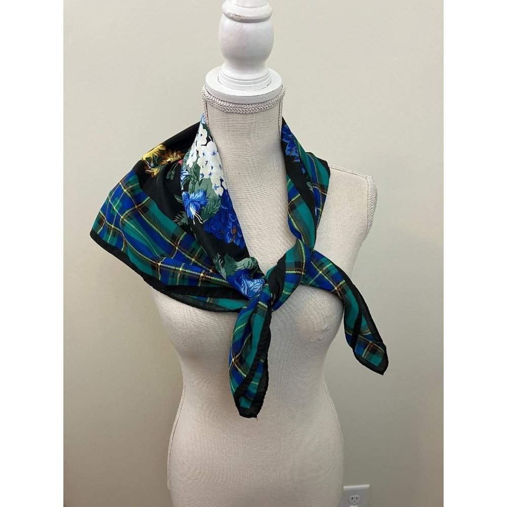 Blue Green Plaid Floral Print Scarf